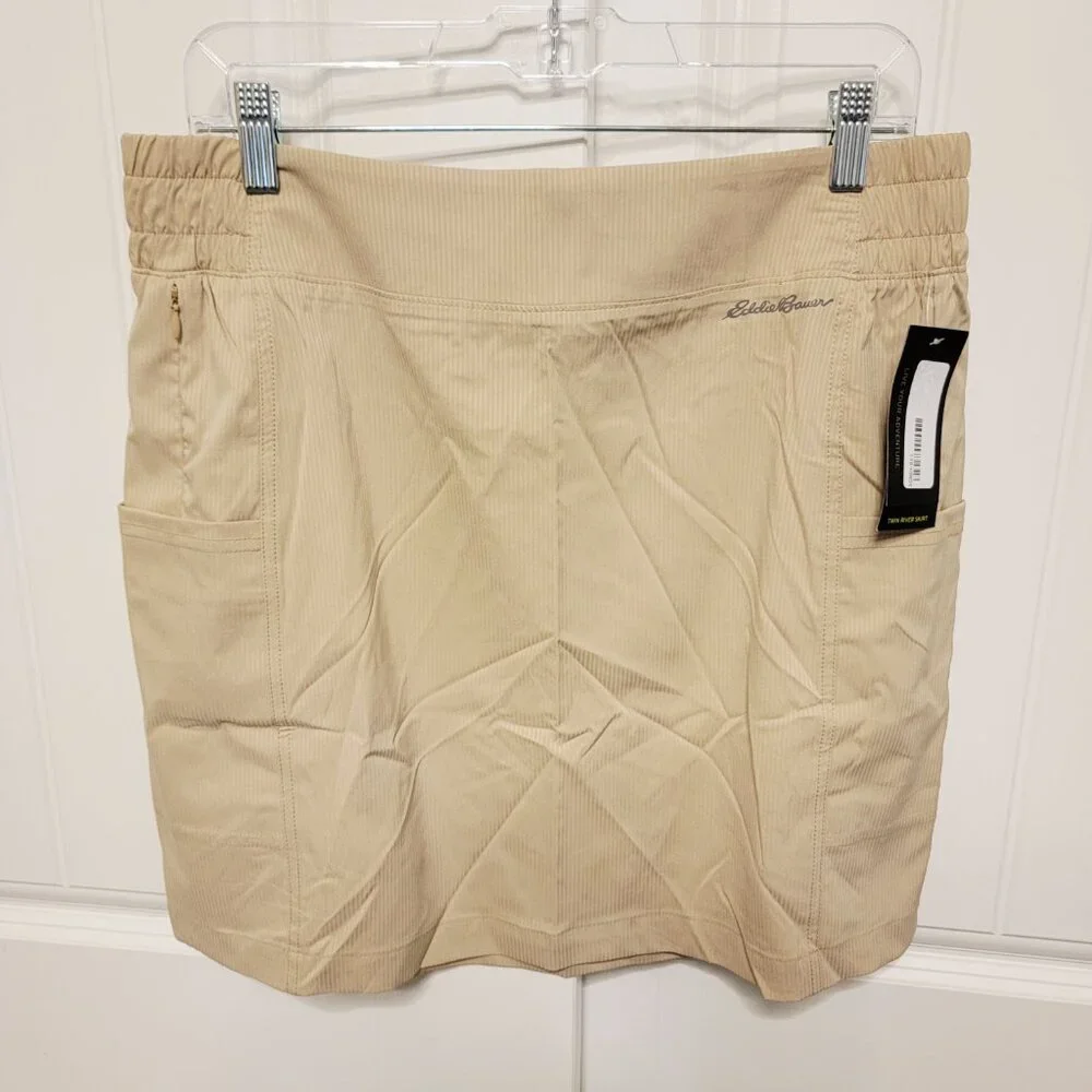 Eddie Bauer Size Large Twin River Stripe Cargo Skirt Beige Pull On Stretch NWT